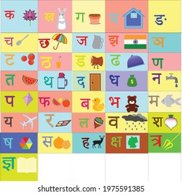 Set of Hindi letters chart with respective word images, Devanagari alphabets chart