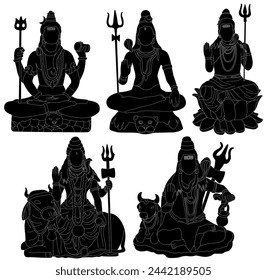 Set Hindu god Lord Shiva silhouette icon. Maha Shivratri symbol design vector illustration