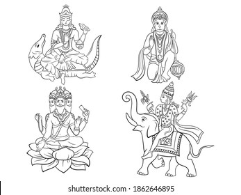 Set of Hindu gods and deities. Collection of Indian gods Hanuman, Brahma, Indra, Shiva. Deity of Hinduism. Vector illustration of divine religion.