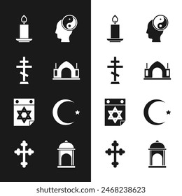 Set Hindu spiritual temple, Christian cross, Burning candle, Yin Yang, Jewish calendar, Star crescent, Muslim Mosque and  icon. Vector