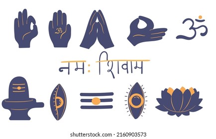 Set of hindu symbols. Palms in mudra, lotus, lingam, om symbol, third eye, mantra (writing) namah shivaya.