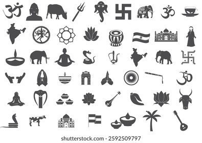 A set of Hinduism-related vector icons, including symbols of gods, temples, religious rituals, and traditional elements.