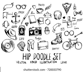 Set of Hip doodle illustration Hand drawn Sketch line vector