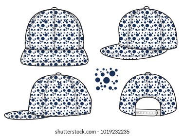 Set Hip Hop Cap Design Dots Seamless Style White/Navy Graphic Line Printed On All Panels Vector.