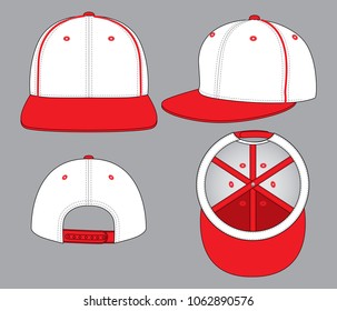 Set Hip Hop Cap Design White/Red With Red Line Piping And Snap Back Strap Vector.