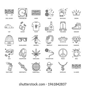 Set von HipHop dünnen Linie und Pixel perfekte Symbole für jedes Web- und App-Projekt. 
