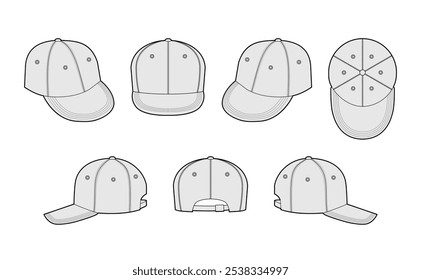 Set of Hip-Hop Trucker Cap Hat. Summer Head Fashion accessory clothing technical illustration. Vector headgear for Men, women, unisex style, flat template CAD mockup sketch outline isolated