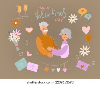 Set of hippie 60s 70s retro style Valentine's day, Elderly Men and  women they congratulate each other, Loving Elderly Couple, Aged Characters Dating,  concept banner, poster modern doodle vector