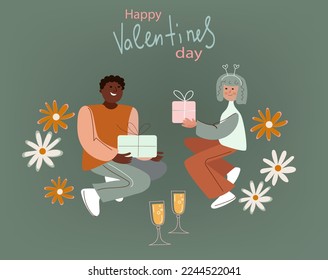 Set of hippie 60s 70s retro style Valentine's day, young Men and  women they congratulate each other, Loving Elderly Couple, Aged Characters Dating,  concept banner, poster  flat doodle vector 