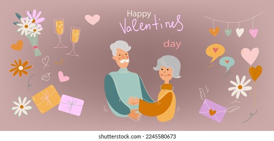 Set of hippie 60s 70s retro style Valentine's day, Elderly Men and  women they congratulate each other, Loving Elderly Couple, Aged Characters Dating,  concept banner, 
