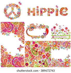 Set of hippie backgrounds and design elements