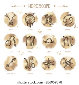 Set of hippie and bohemian style hand drawn zodiac signs on watercolor effect vector circles