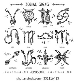 Set of hippie and bohemian style hand drawn zodiac signs. Black and white separated objects. Good for Tattoo.