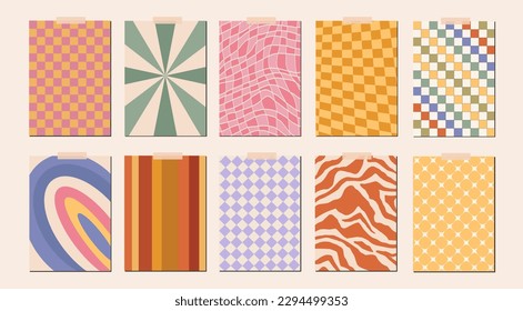 Set of hippie chessboard abstract retro groovy 70s 90s texture background. Vibrant vintage checkerboard, waves, mesh pattern. Vector psychedelic illustration in Y2k style