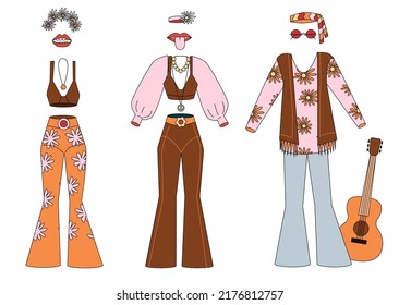 Set Of Hippie Clothes. Vintage Clothing In 60s Style.