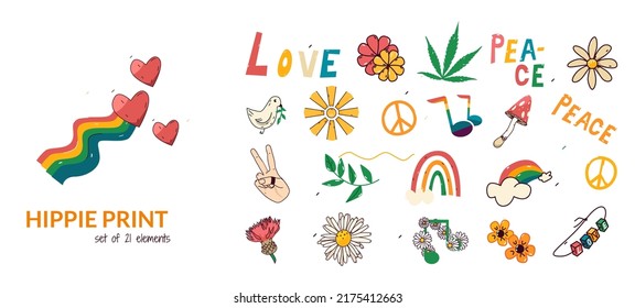 Set Of Hippie Culture Elements, Peace, Love, Dove, Rainbow, Flowers. Vector Illustration In Cartoon Doodle Style Isolated On White Background.