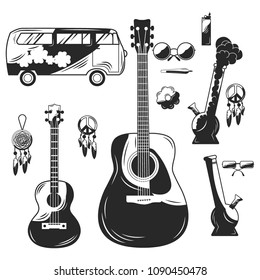 Set of hippie elements for creating your own badges, logos, labels, posters etc. Isolated on white.