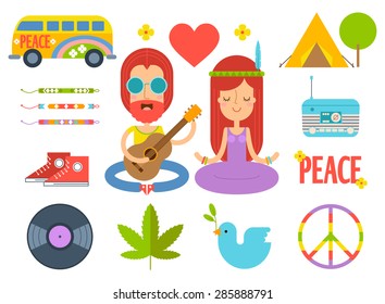 Set Of Hippie Flat Icons In Vector. 