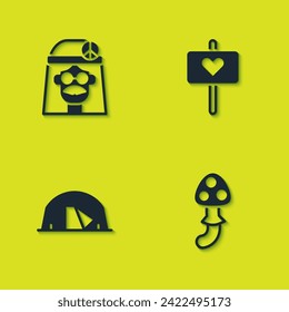 Set Hippie girl, Psilocybin mushroom, Tourist tent and Peace icon. Vector