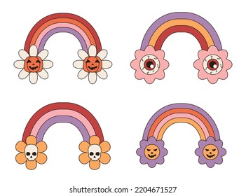 Set of hippie groovy halloween rainbow. Collection of rainbow with skull, pumpkin, eye in style 60-70s