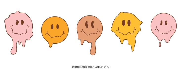 Set of hippie groovy Melting Smile Faces. Funny melt smiles isolated on white background. Psychedelic vector emoji face.