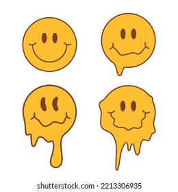 Set of hippie groovy Melting Smile Faces. Funny melt smiles isolated on white background. Psychedelic vector emoji face.