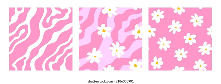 Set of hippie and groovy seamless patterns with daisy flowers and wavy lines. Fashionable backgrounds in 00s, 90s, y2k style.