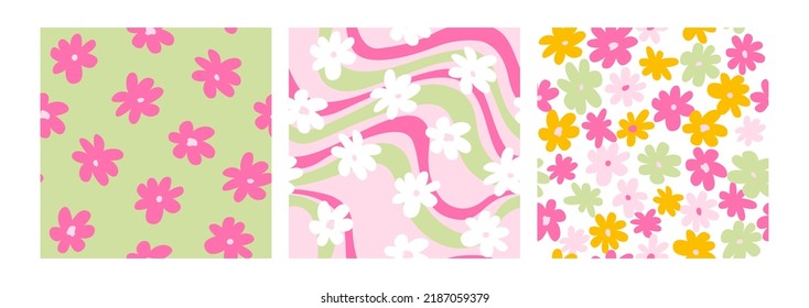 Set of hippie and groovy seamless patterns with daisy flowers and wavy lines. Fashionable backgrounds in 00s, 90s, y2k style.