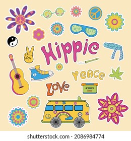 Set of hippie objects and symbols Vector illustration