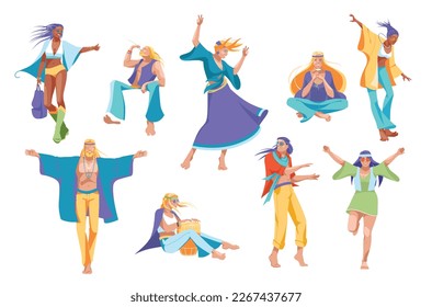 set of hippie people characters isolated on white background. Wonderful, love and peace. Vector flat illustration