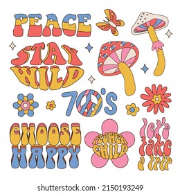 Set of Hippie phrases, hand drawn hippy text and groovy 70s elements. Motivational, Inspirational quote, vintage lettering quotes, retro 60s nostalgic poster, card, t-shirt print vector illustration.