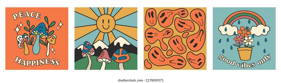 Set of hippie posters. Funny sun, mountains and psychedelic mushrooms, landscape, rainbow with daisies and emoticons. Fashion poster in retro style. Flat design, cartoon drawing, vector.