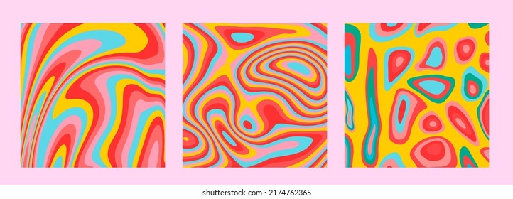 Set of hippie retro posters with melting and distorting shapes.