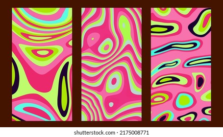 Set of hippie retro posters with melting and distorting shapes.