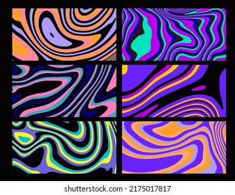Set of hippie retro posters with melting and distorting shapes. Op-art psychedelic background with wavy lines and curves.