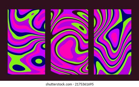 Set of hippie retro posters with melting and distorting shapes. Op-art psychedelic background with wavy lines and curves.