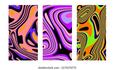 Set of hippie retro posters with melting and distorting shapes. Op-art psychedelic background with wavy lines and curves.