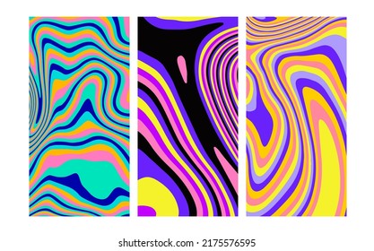Set of hippie retro posters with melting and distorting shapes. Op-art psychedelic background with wavy lines and curves.