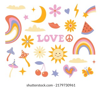 A set of hippie retro stickers. Cartoon psychedelic vintage clipart. Flower and mushroom. The style of the 70s. A symbol of peace. Rainbow and watermelon. The sun, moon and stars. 