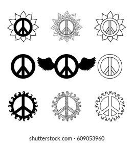 Set of hippie vintage peace symbols. Ornamental tie dye t-shirt print isolated on white background. Mandala round pattern. Hippy monochrome vector illustration. Retro 1960s, 60s, 70s. 