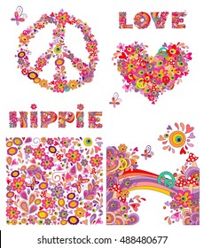 Set for hippie wallpaper with funny butterflies, colorful flowers and mushrooms, peace flowers symbol, heart shape