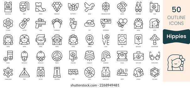 Set of hippies icons. Thin linear style icons Pack. Vector Illustration