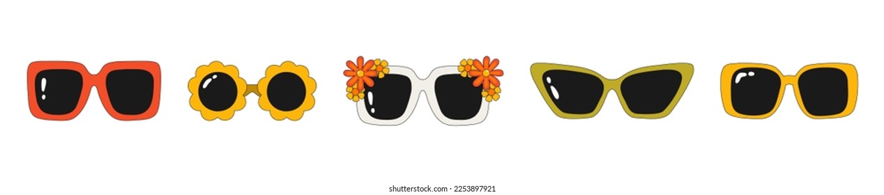 A set of hippie-style sunglasses. Glasses with flowers in the style of the 60s-70s. Retro glasses. Vector illustration isolated on a white background
