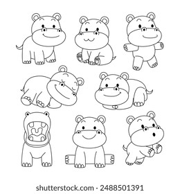 Set of hippo doodle collection, hippo outline coloring page or book animals for kindergarten, Vector line art set of animals wildlife, Hand drawn, Minimal hippo line art doodle in different pose.