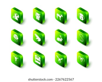 Set Hippo or Hippopotamus, Horse, Dog, Worm, Head of goat ram, Rabbit, head and bone icon. Vector