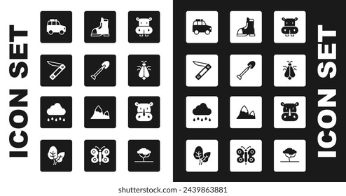 Set Hippo or Hippopotamus, Shovel, Swiss army knife, Car, Mosquito, Hunter boots, Rhinoceros and Cloud with rain icon. Vector