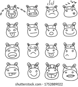 A Set of hippo icon set/template suitable for nature, party, holiday, horror, animal, park, outdoor, horror, sky, science, furniture, food and drink content with doodle cartoon style