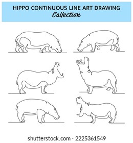 Set of hippo line design. Simple animal silhouette decorative elements drawn with one continuous line. Vector illustration of minimalist style on white background.