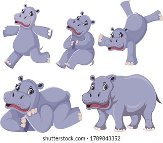 Set of hippopotamus cartoon character illustration