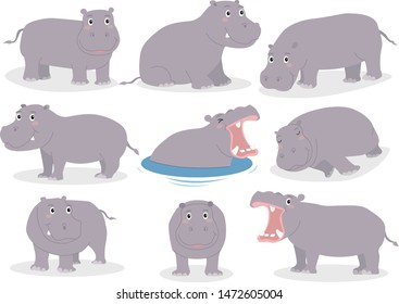 Set of hippopotamus cartoon character isolated on white background